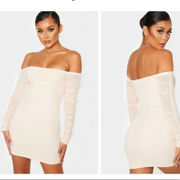 PrettyLittleThing | New Blush Ruched Mesh Bardot Bodycon Dress - Picture 2 of 12